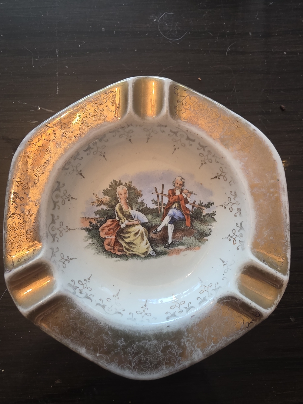 vintage Crest-O-Gold or Sabin china ashtray featuring 22K gold trim